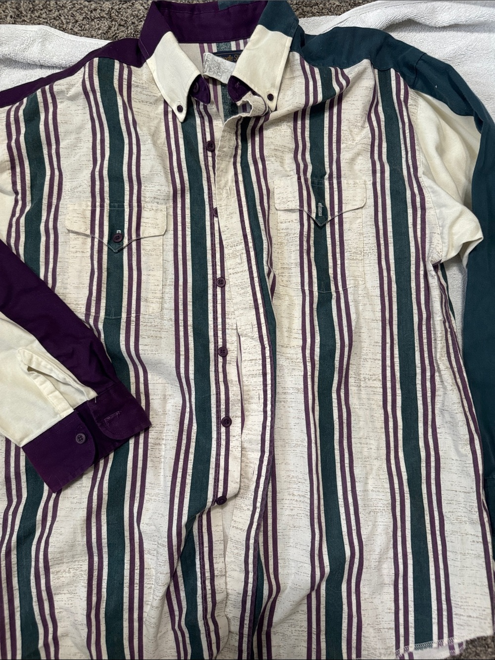 Panhandle Slim Cream Button-Down Shirt with Green & Purple Stripes